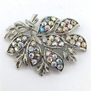 Coro Silver Tone Botanical Brooch with Aurora Borealis Rhinestones Signed